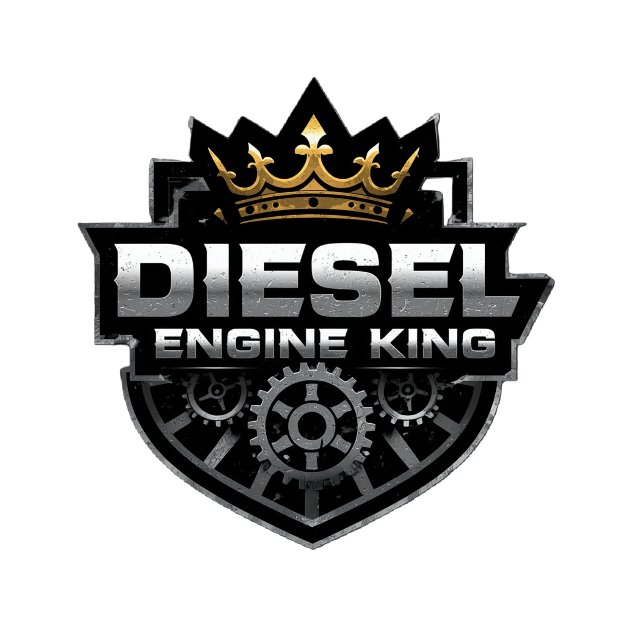 A stylized shield-shaped logo reading 'DIESEL ENGINE KING' with a gold crown above and dark mechanical gear details below, shown on a plain white background.